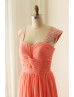 Coral Beaded Cap Sleeves Chiffon Bridesmaid Dress